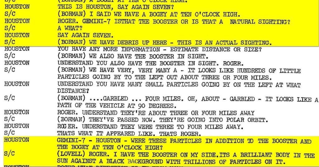 Gemini 7 Astronauts confirm seeing a "Bogey" or Unidentified Craft during their Mission