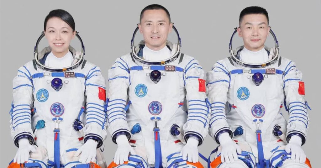 Shenzhou-23 astronauts (from left: payload specialist Lai Ka-ying, commander Zhu Yangzhu, and pilot Zhang Zhiyuan) launch aboard a Long March rocket as China pushes forward in its race to reach the Moon by 2030.