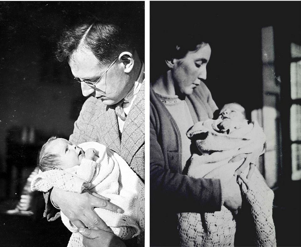 Images of a baby being held in two photos. One with a man and one with a woman. Stephen Hawking as a baby pictured with his parents.