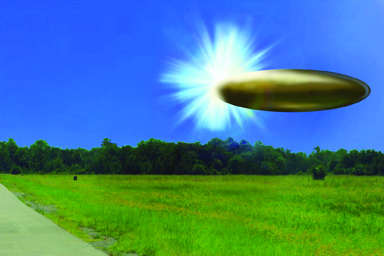 An illustration of a golden orb shaped UFO in the sky above a grassy landscape.
