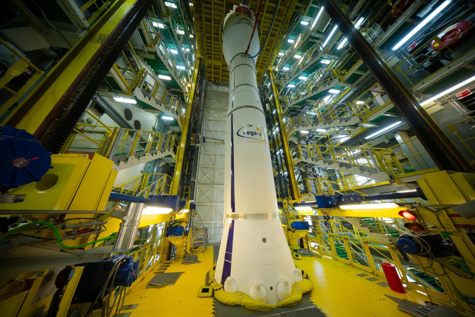 Vega-C with Smile inside its mobile hangar on the launch pad Vega-C with Smile inside its mobile hangar on the launch pad