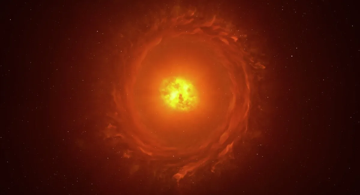 Artist's impression of star WOH G64, located in the Large Magellanic Cloud, over 160,000 lightyears away. Credit: ESO/K. Ohnaka et al.