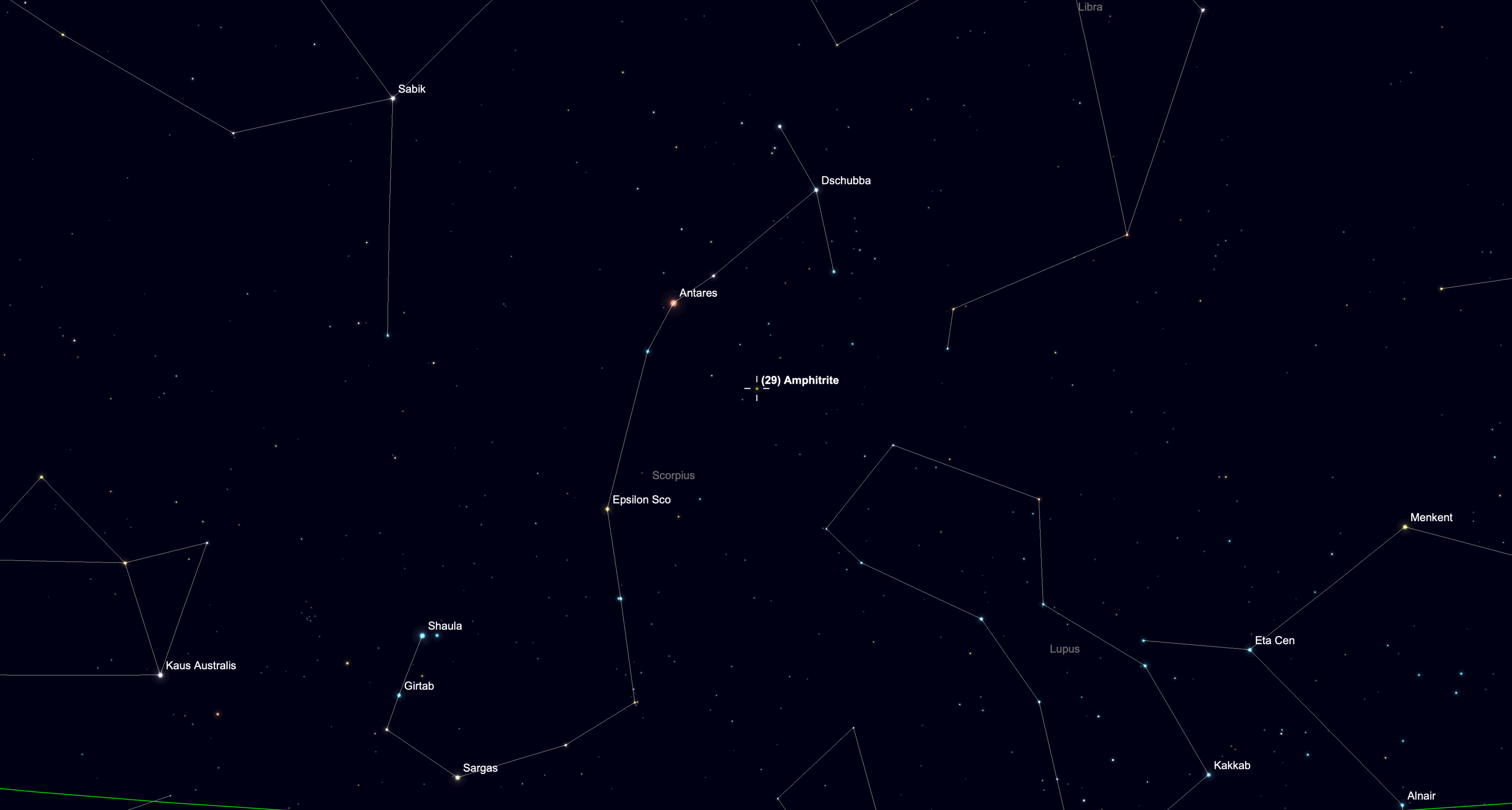 Star chart marking the position of asteroid 29 Amphitrite near Antares.
