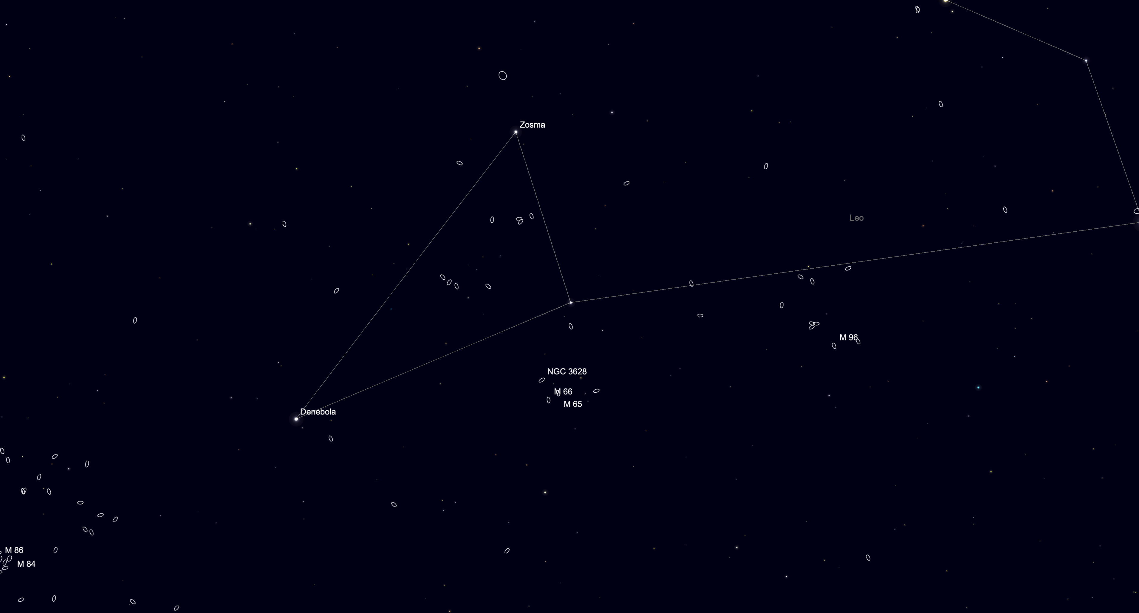 Star chart showing the Leo Triple galaxies positioned beneath the constellation Leo.