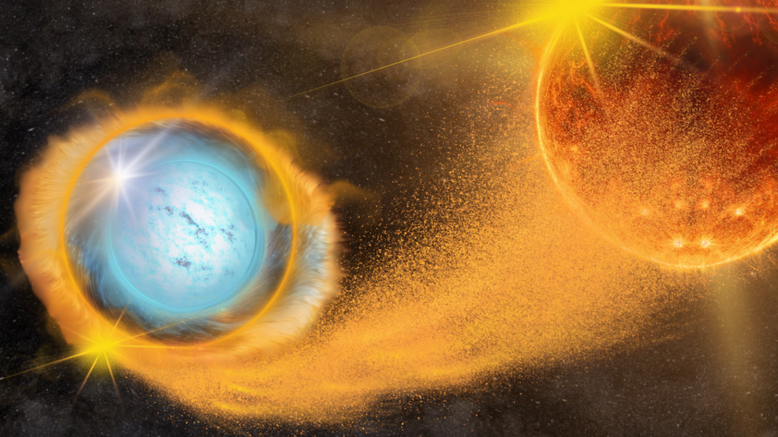 A blue-white orb has an orange ring around it. That ring is connected via dust to a reddish orange orb on the right.