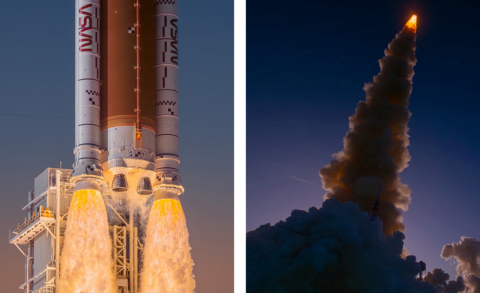 A NASA SLS booster burns as the spacecraft soars into the sky. Credit: Andrew McCarthy/cosmicbackground.io.