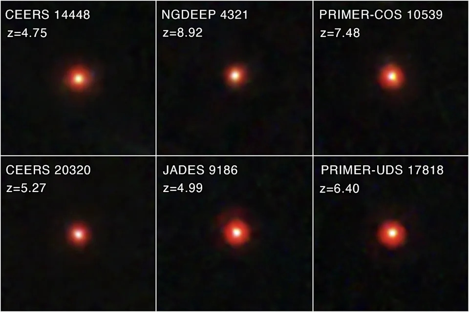 Six boxes show various small glowing red dots in space.