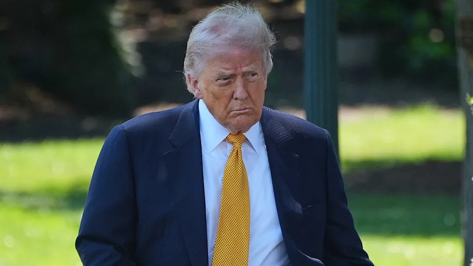 President Donald Trump walking outside the White House talking to reporters