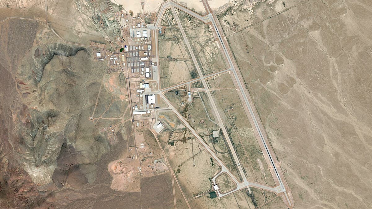 Satellite view of Area 51 showing airstrips and buildings.