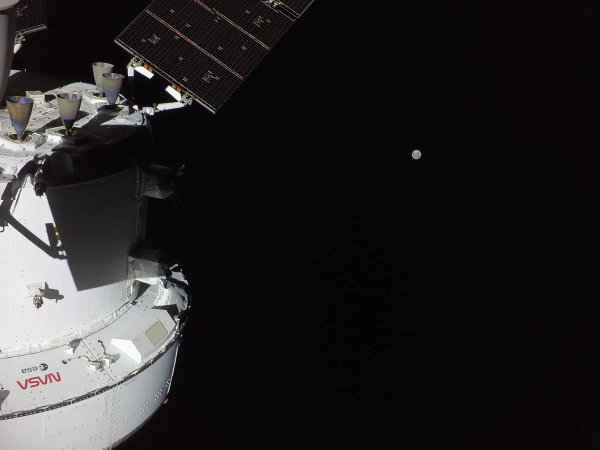 The Artemis II crew captured this image on the second flight day of their mission, 3 April 2026. The image was captured by a camera on the tip of one of the Orion capsule's solar array wings. Credit: NASA