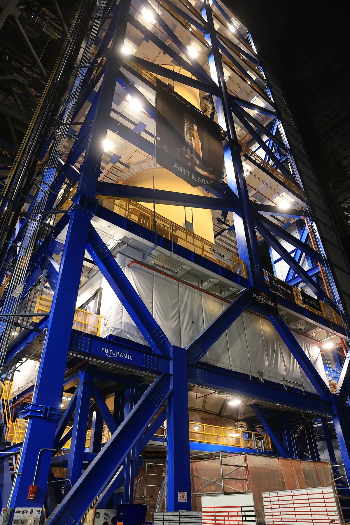 The Artemis III core stage at NASA Kennedy with the core stage tank attached to its engine section, 12 May 2026. Credit: NASA/Kim Shiflett
