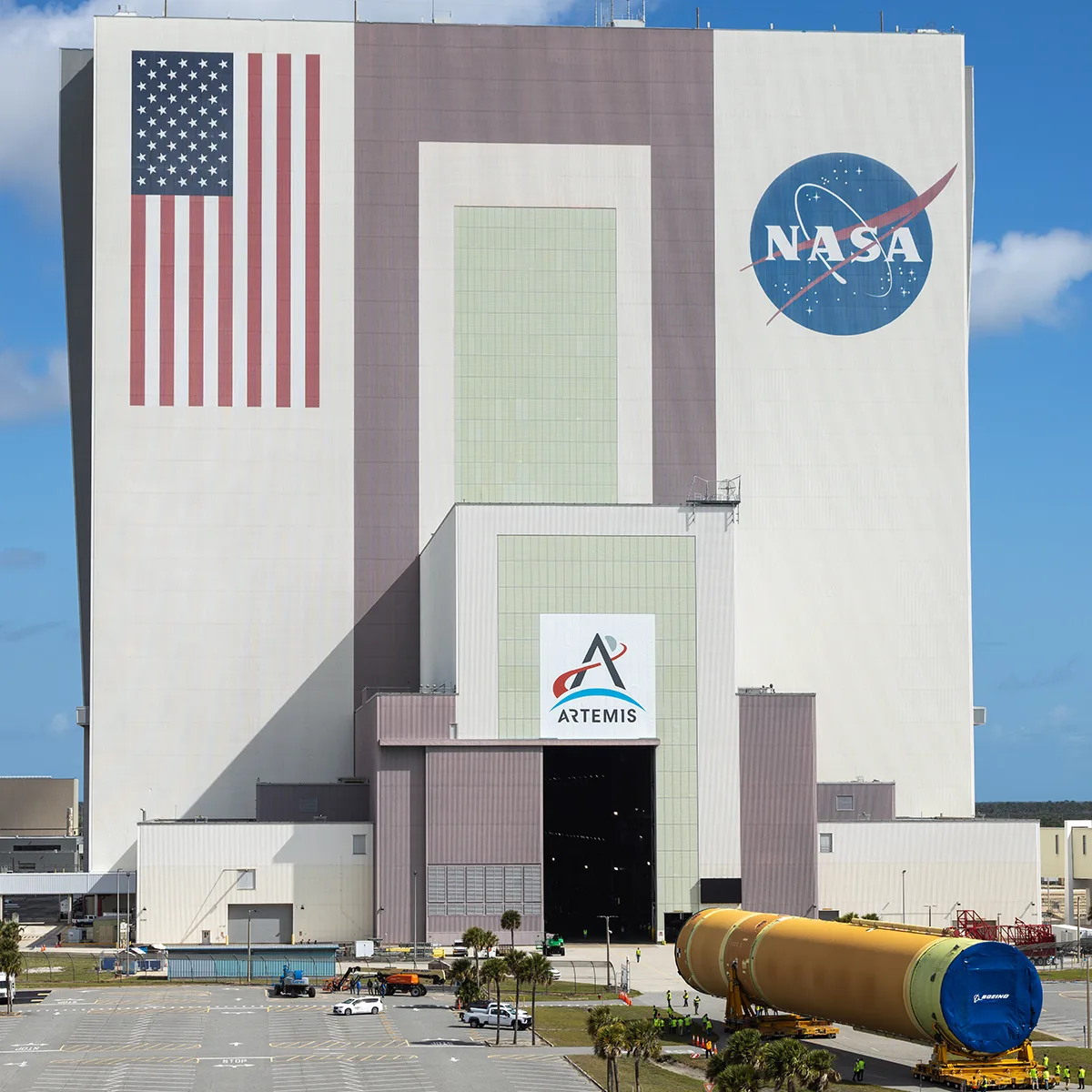 The Artemis III rocket core stage is moved into the Vehicle Assembly Building, Kennedy Space Center, 27 April 2026. Credit: NASA/Glenn Benson