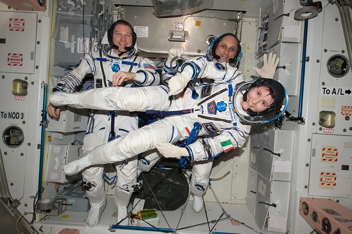Astronauts Terry Virts, Anton Shkaplerov and Samantha Cristoforetti onboard the International Space Station. Credits: NASA