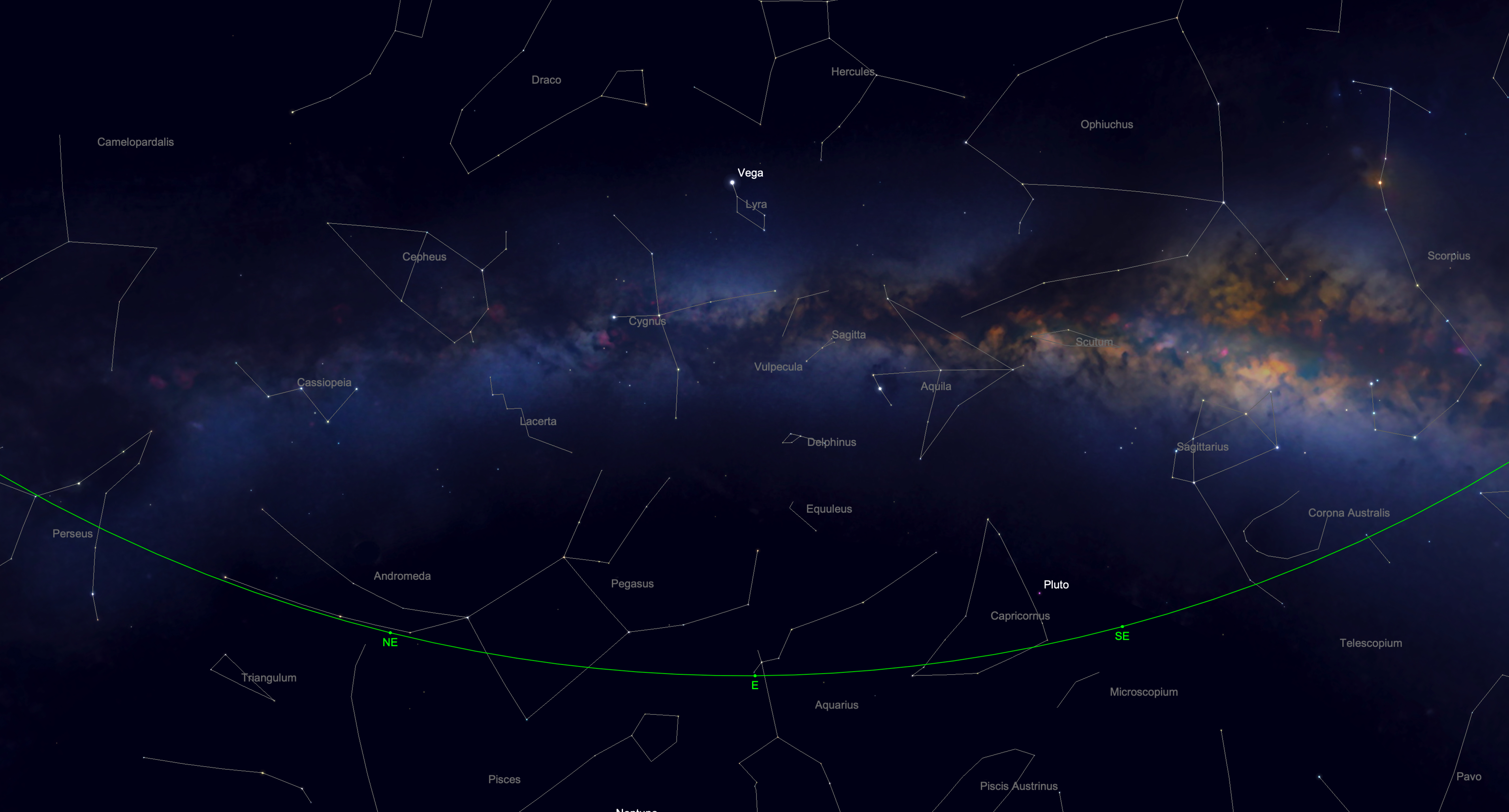 The Milky Way stretches across the night sky in a wide star map.