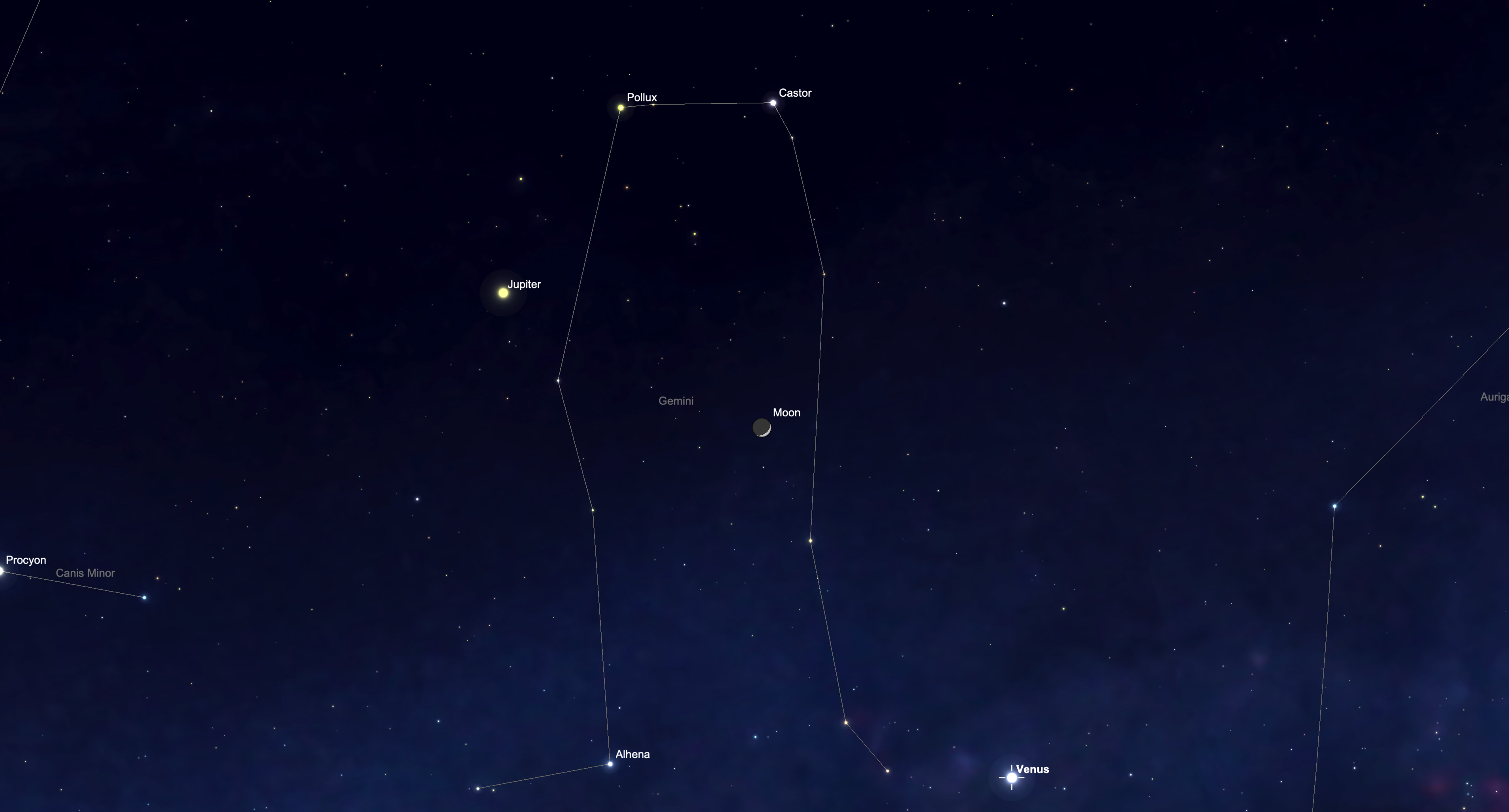 Jupiter shines brightly among the stars of Gemini, with its position marked in a detailed star chart.
