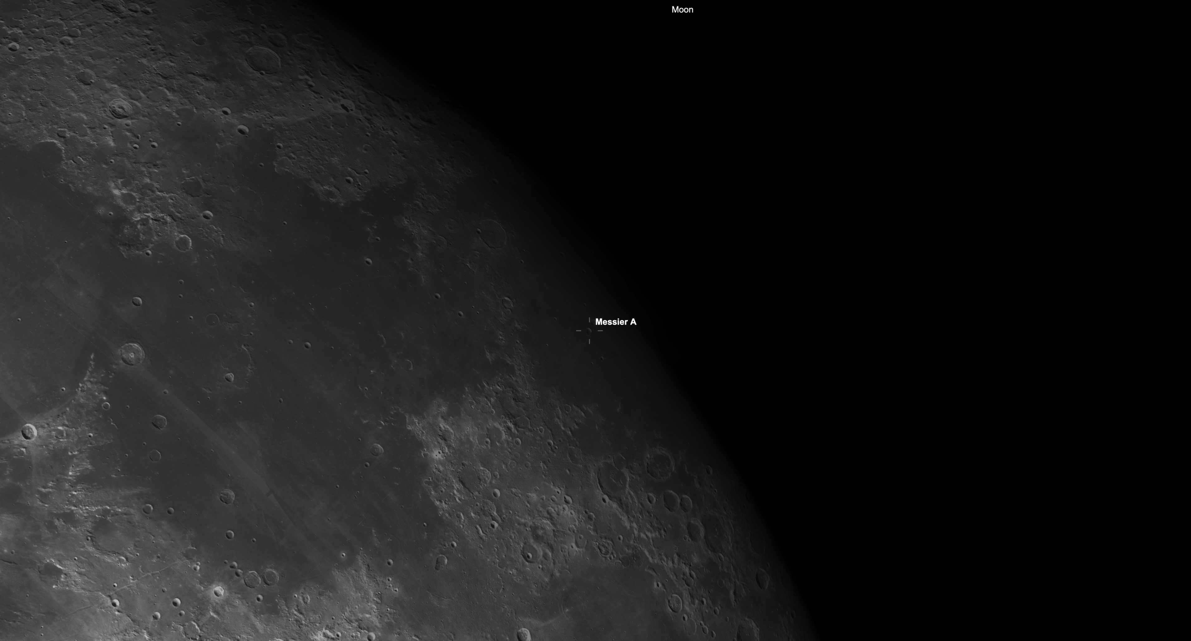 A detailed close-up of the moon's surface near the terminator reveals craters, ridges and the Messier crater region in smart relief.