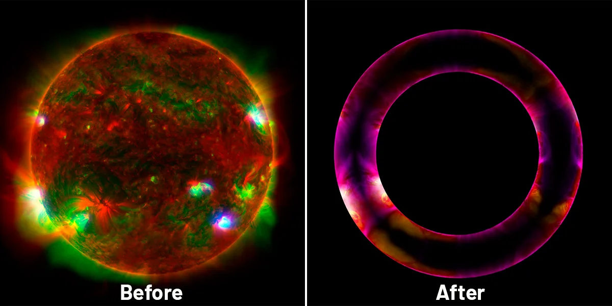 Follow our step-by-step guide to learn how to download images from NASA’s Solar Dynamics Observatory (left) and use Photoshop to turn them into extraordinary, surreal and thought-provoking ‘neon tube’ works of art, like Peter’s award-winning image (right). Credit: NASA/SDO, Peter Ward