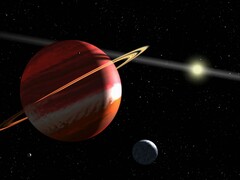 An illustration showing a planet, a moon, and a star.