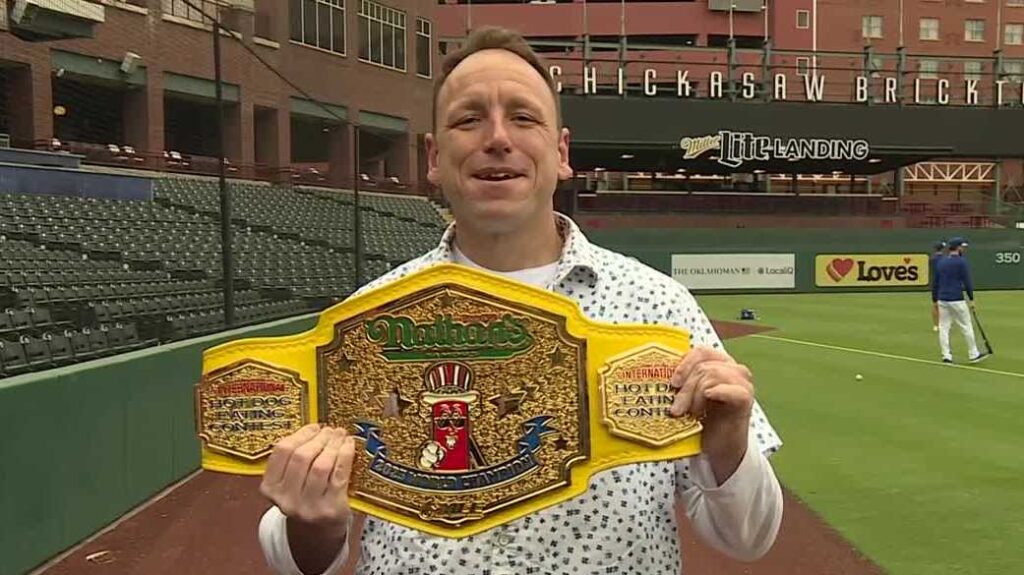 Joey Chestnut, iconic competitive eater, attends OKC Comets game