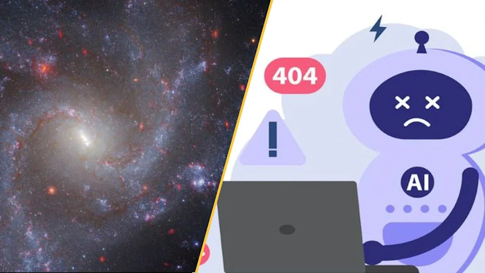  The purple spiral galaxy NGC 5468 and a sad cartoon robot. 
