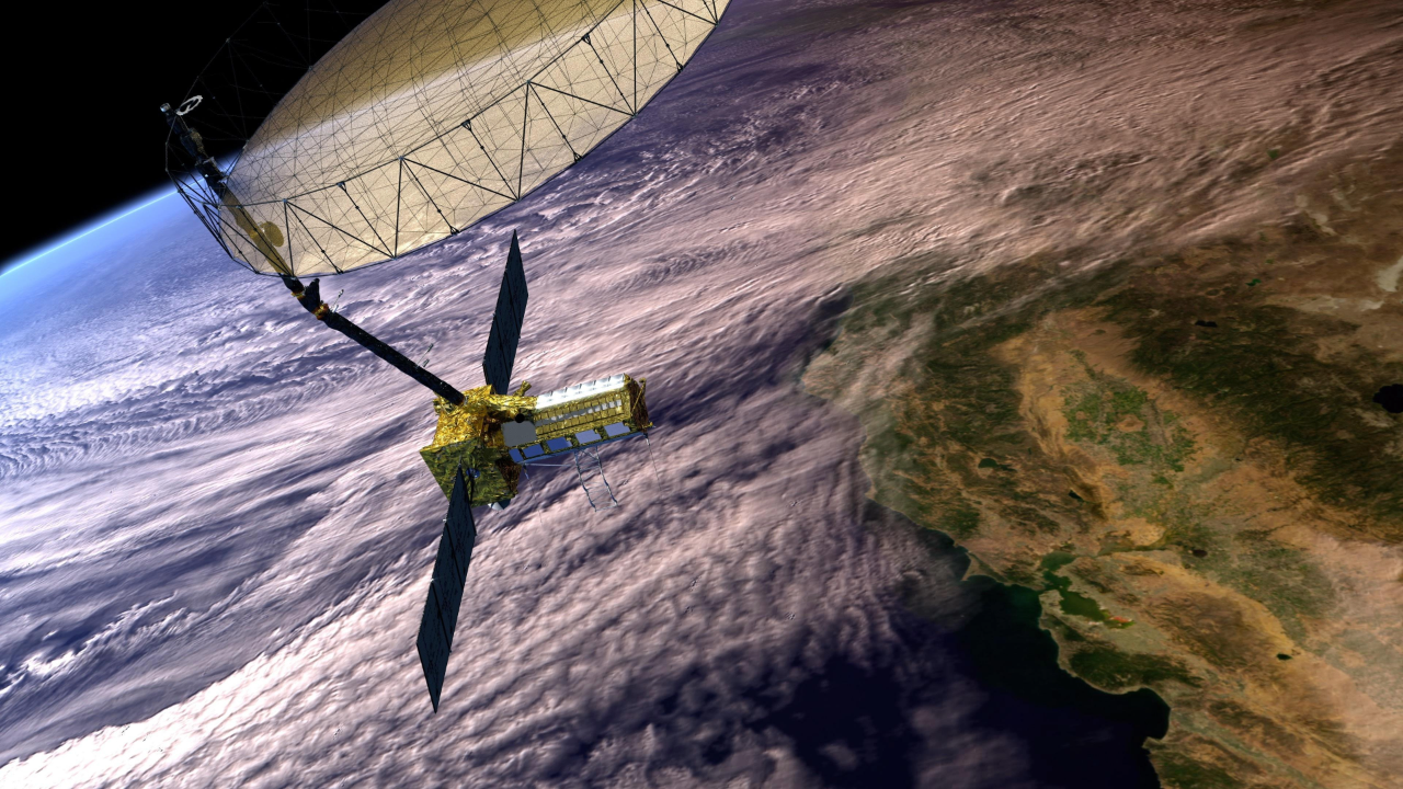 An illustration of a satellite with a parachute floating above Earth in space