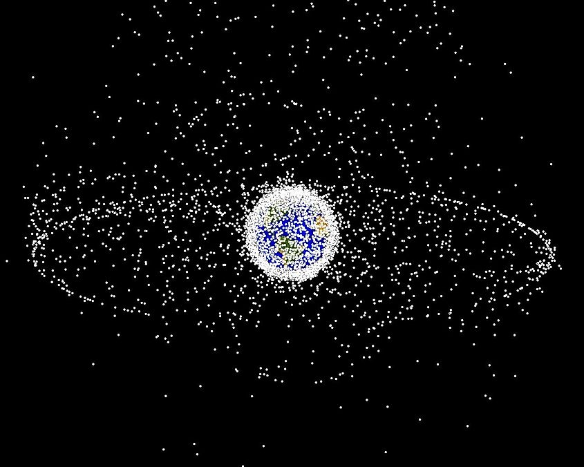 A computer-generated image from 2005 showing the distribution of mostly space debris in geocentric orbit with two areas of concentration: geostationary orbit and low Earth orbit.