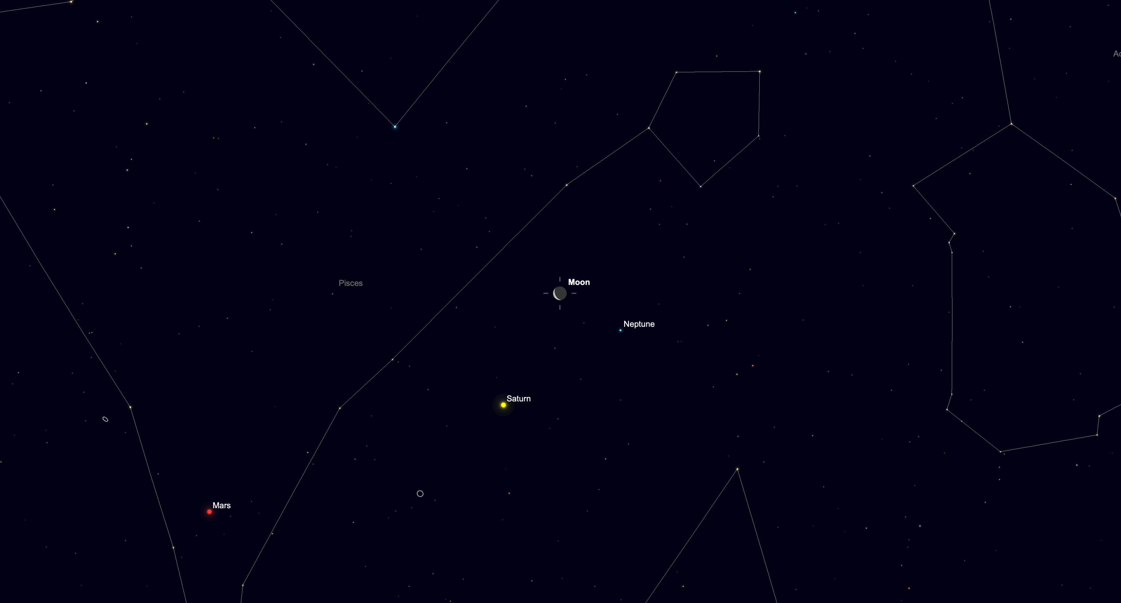The crescent moon appears close to Saturn and Mars in the early morning sky among the background stars.