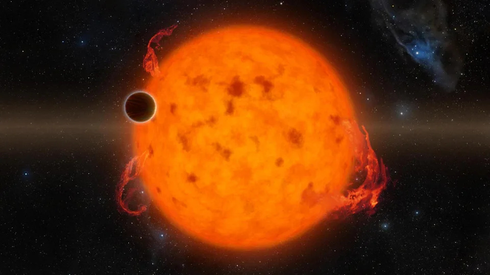 An illustration of  a small planet transiting in front of an alien sun