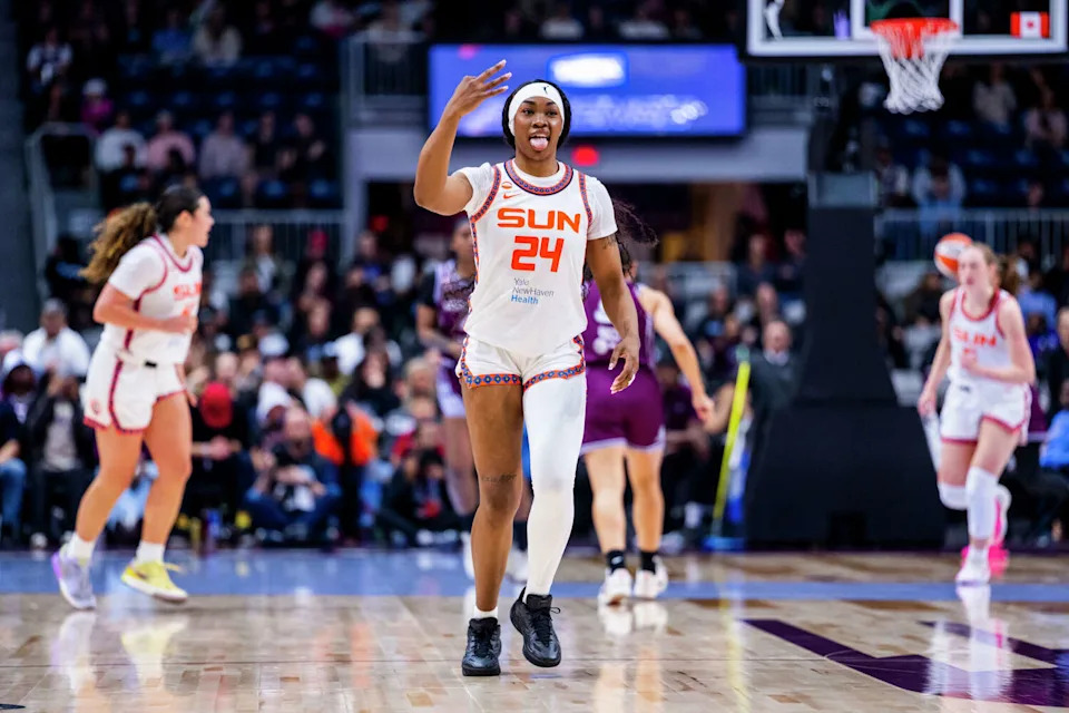Aneesah Morrow (24) of the Connecticut Sun celebrates a three pointer during the preseason game at Coca-Cola Coliseum on April 29, 2026 in Toronto, Canada. (Bailey McLean/Getty Images)
