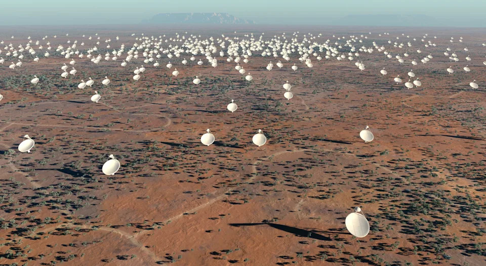 The name of the Square Kilometre Array refers to the project's ultimate goal of having dishes and antennas with a collecting area totaling 1 square kilometer. However, the project - pictured here in a photo illustration - will begin its science operations at roughly 10 percent that level. Credit: SPDO/TDP/DRAO/Swinburne Astronomy Productions (CC BY 3.0)