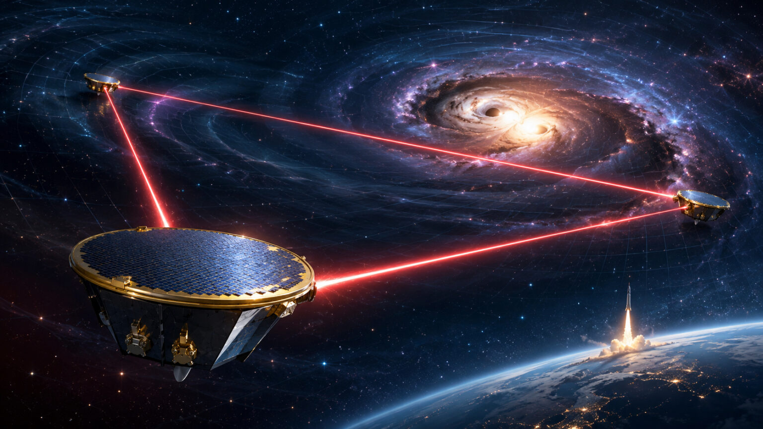 ESA is preparing LISA, a colossal space observatory with three spacecraft forming a triangle of 2.5 million km, lasers crossing the void, and a launch on Ariane 6 to capture ripples in spacetime and reveal an astronomy invisible to Earth's telescopes.