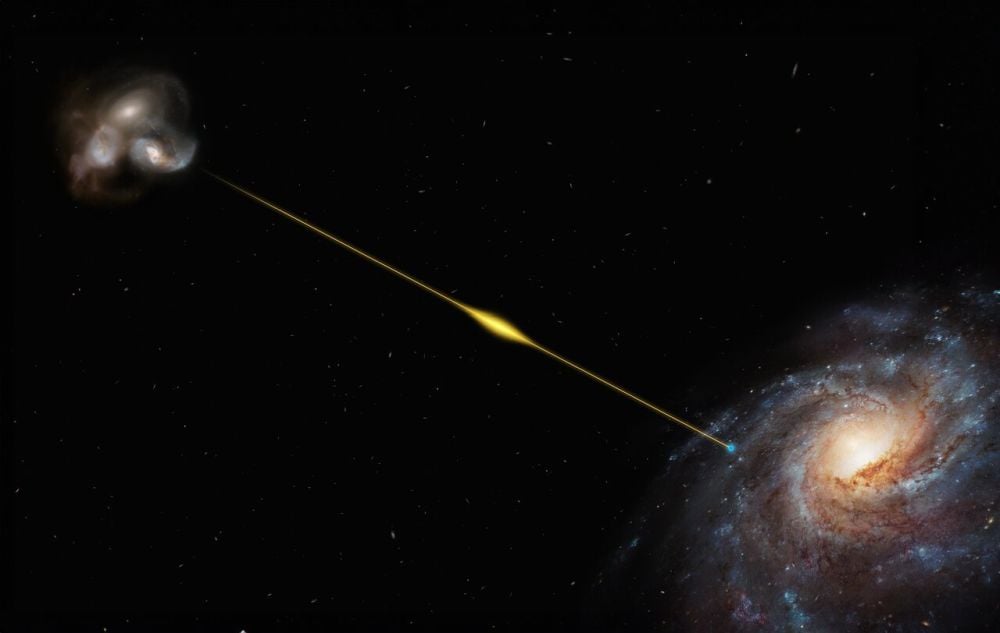Where Are All the Intermediate Mass Black Holes? Microlensing Fast Radio Bursts Might Reveal Them This artist's illustration represents a Fast Radio Burst from a distant galaxy. Astrophysicists aren't sure where these bursts come from, but they can still make use of them. Through gravitational microlensing, they could help find elusive Intermediate Mass Black Holes. Image Credit: ESO/M. Kornmesser