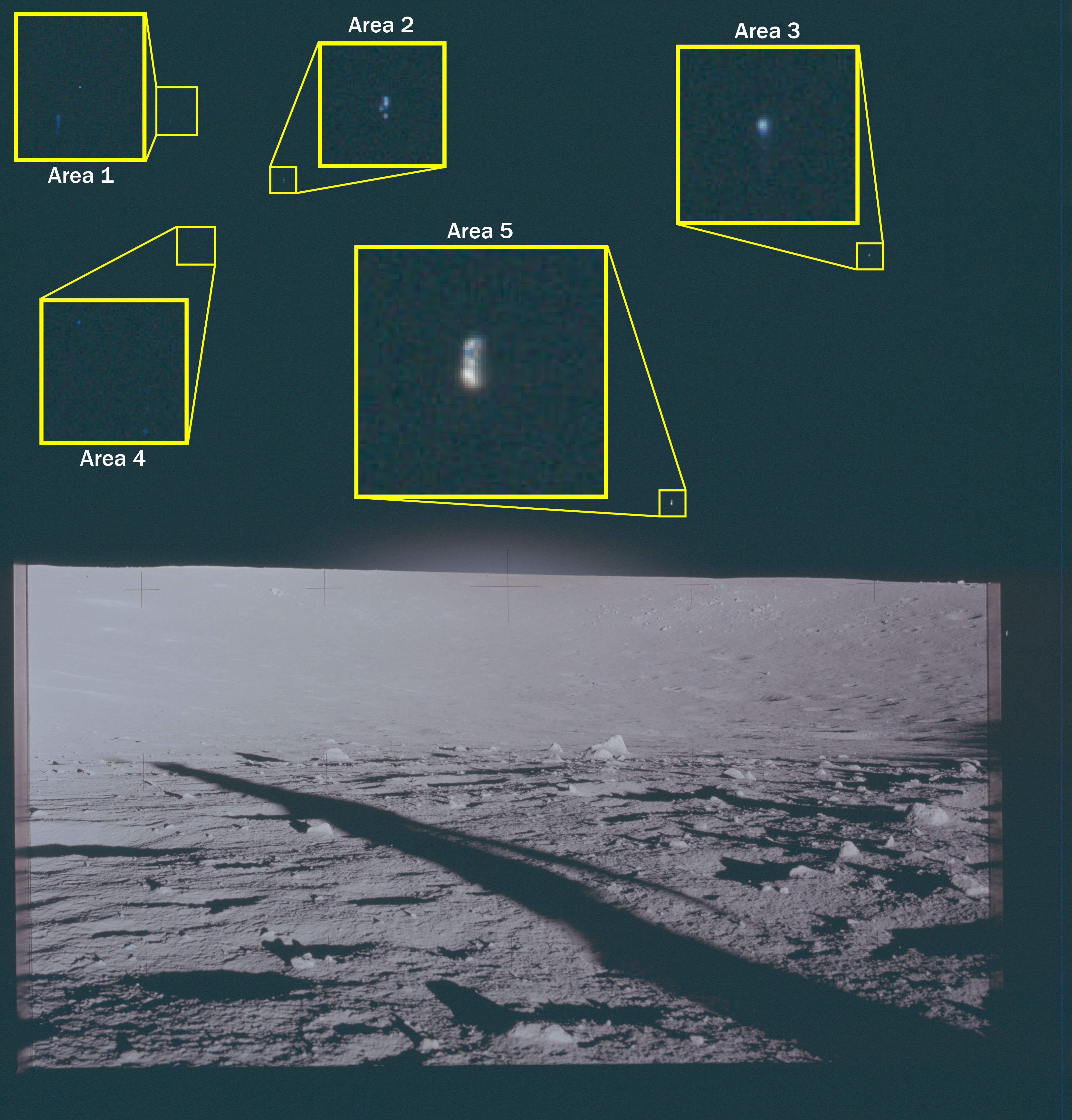 An Apollo 12 photo of the moon showing strange lights in five regions of the sky