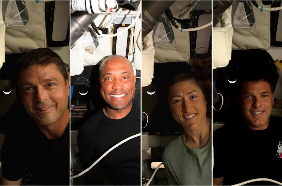 NASA - PHOTO: Reid Wiseman, Victor Glover, Christina Koch and Jeremy Hansen pose in the Orion spacecraft with the crescent Earth behind them during the April 2026 Artemis moon mission and relased to the public, May 4, 2026.