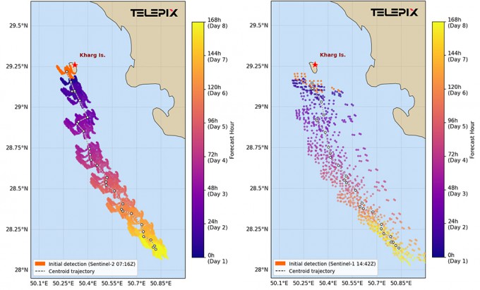 Predicted 7-day movement path of the oil slick based on Sentinel-2 detection results (left) and Sentinel-1 detection results (right). The color change from blue to yellow indicates the path over time, both consistently concluding that the slick will move and spread toward the southern Persian Gulf. Courtesy of TelePIX.
