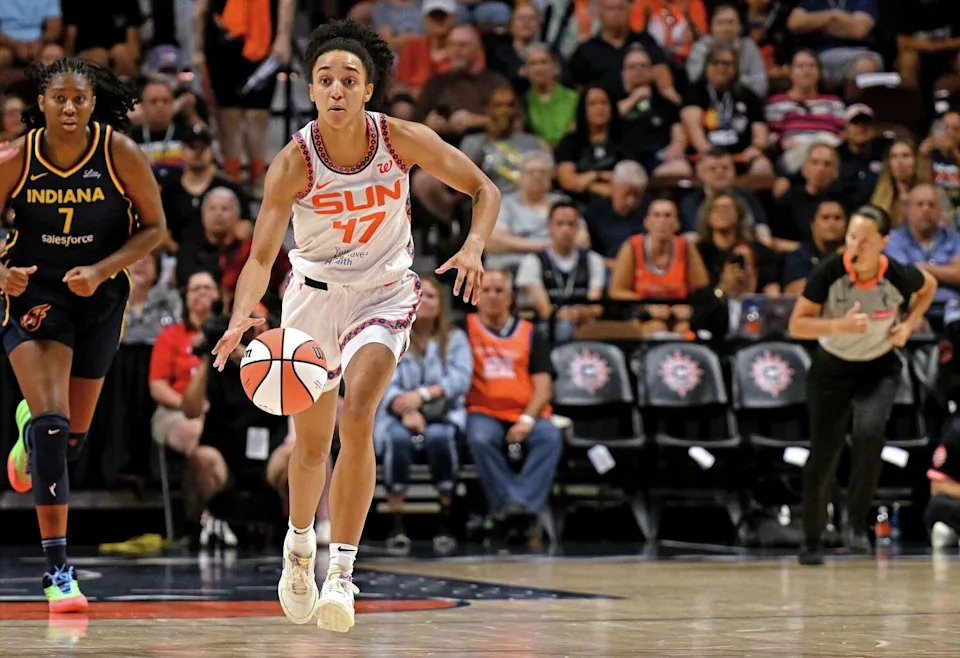 Leila Lacan of the Connecticut Sun brings the ball up against the <a class="link " href="https://sports.yahoo.com/wnba/teams/indiana/" data-i13n="sec:content-canvas;subsec:anchor_text;elm:context_link" data-ylk="slk:Indiana Fever;sec:content-canvas;subsec:anchor_text;elm:context_link;itc:0" data-yga="{"yLinkElement":"context_link","yModuleName":"content-canvas","yLinkText":"Indiana Fever","ySubModuleName":"anchor_text","yHasCommerce":false}">Indiana Fever</a> in the second half at Mohegan Sun Arena on August 17, 2025 in Uncasville, Connecticut. (Sean D. Elliot/Getty Images)
