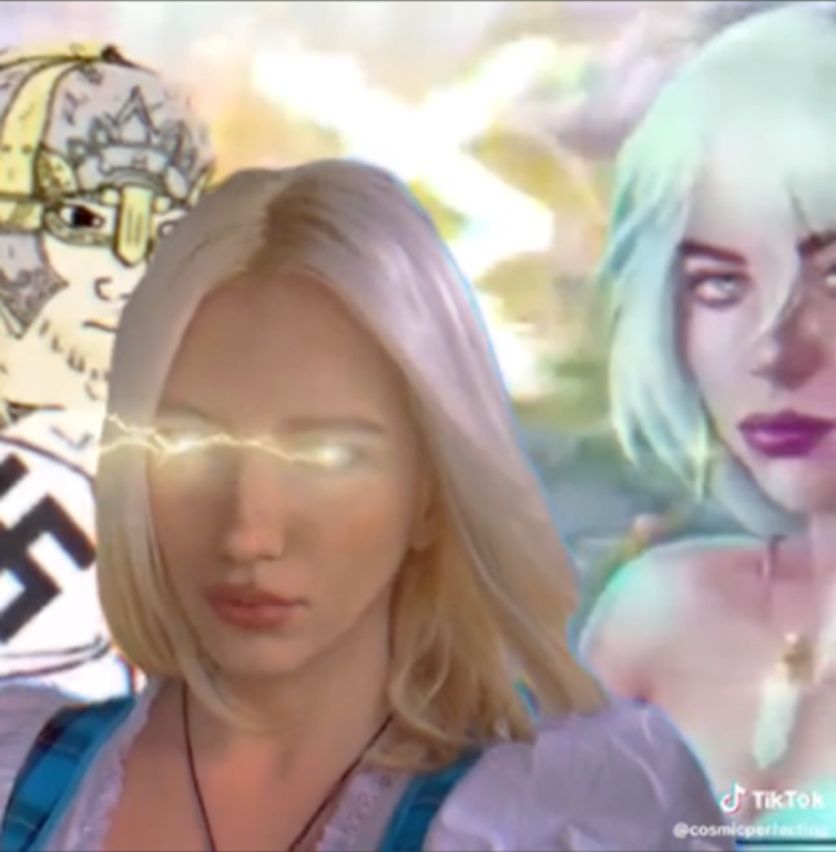 An obscured swastika can be seen in the background of an image showing two blond women, one with lightning coming from her eyes.