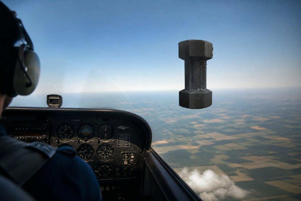 A flight instructor conducting a training flight near the CSN VOR at 4,500 feet took evasive action to avoid a stationary, unidentified object. The object was dark grey, shaped like a vertical dumbbell, approximately the size of a small car. - Note: Image is for illustrative purposes only.