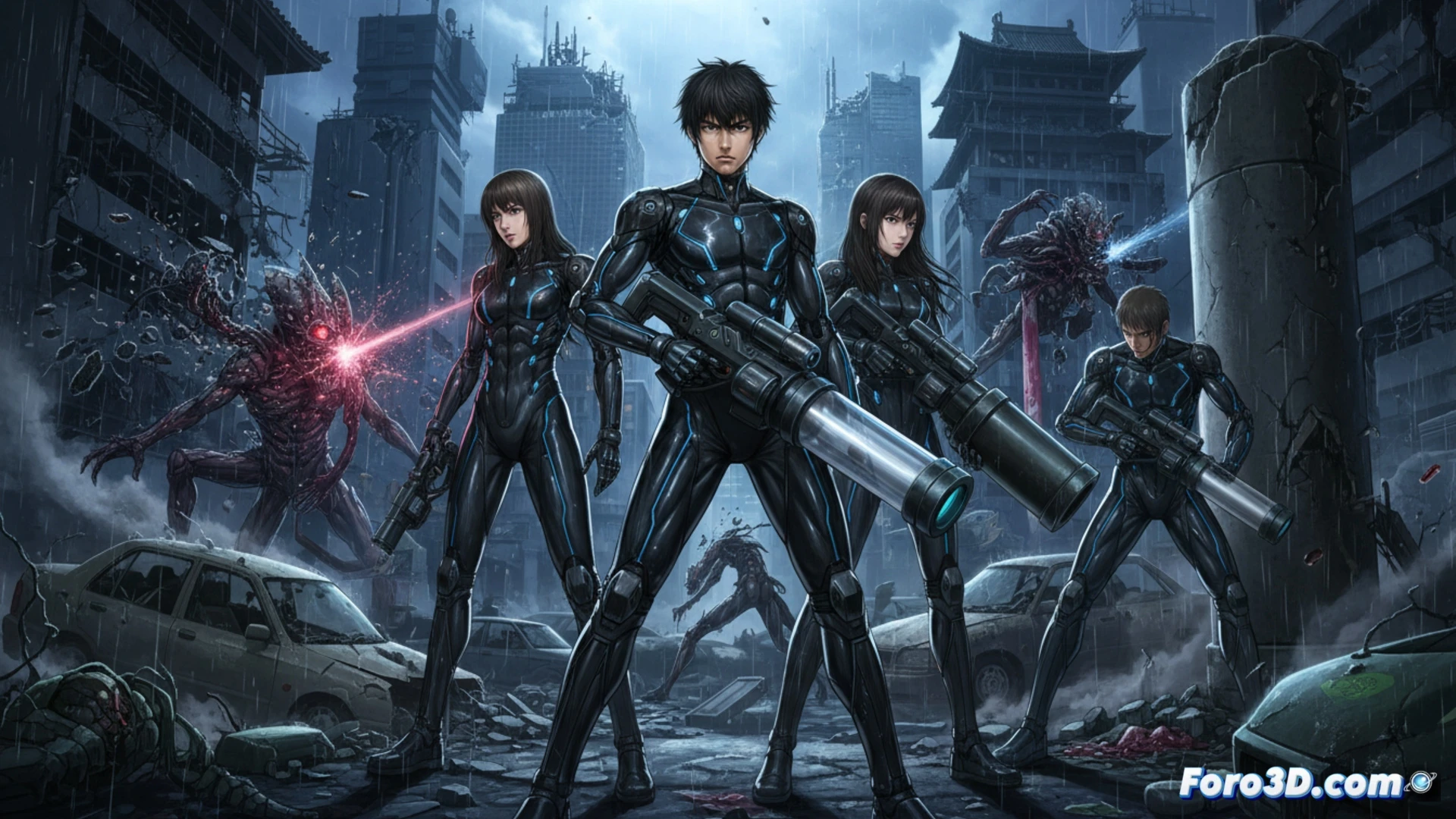 Dark room with a glowing black sphere; hand-drawn human figures aim weapons at hyperrealistic 3D aliens.