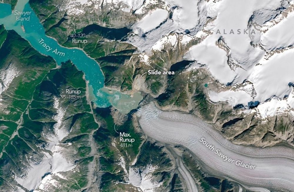 Before and After the 2025 Tsunami in Alaska In 2025 landslide caused by the retreating South Sawyer Glacier in Alaska's Tracy Arm triggered the second highest tsuanami ever recorded. The tsunami swept down the fjord, causing more landslides on its way to the ocean. Satellite images show the aftermath, with noticeable run-up areas were trees were swept away. Image Credit: NASA
