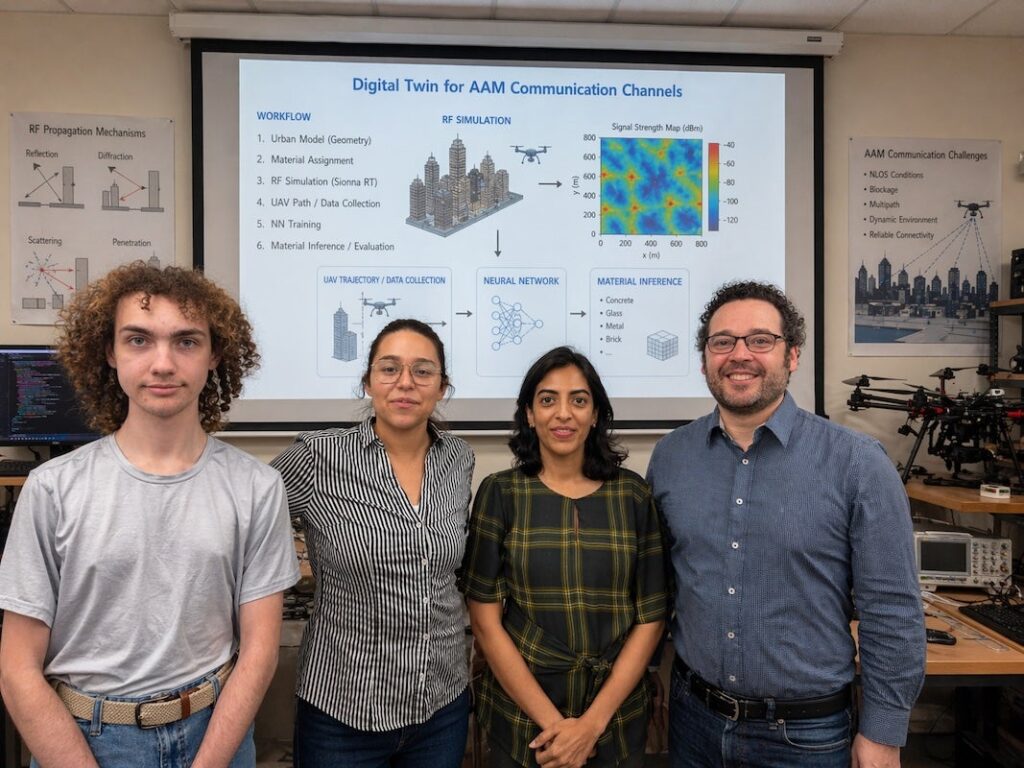 UCF researcher Saumya Gupta (center right) and professor Adan Vela (far right) stand with two undergraduate students in a lab, with a screen behind them displaying a digital twin model for urban air mobility communication channels.
