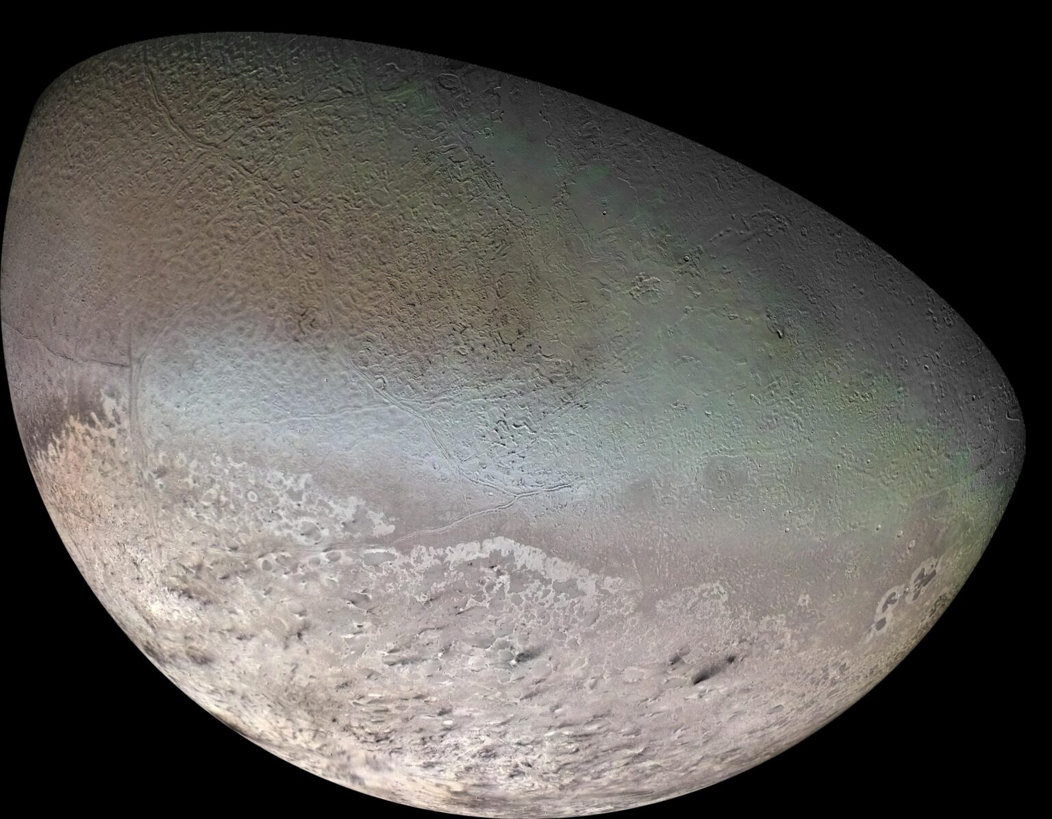 Global color mosaic of Triton, taken in 1989 by Voyager 2