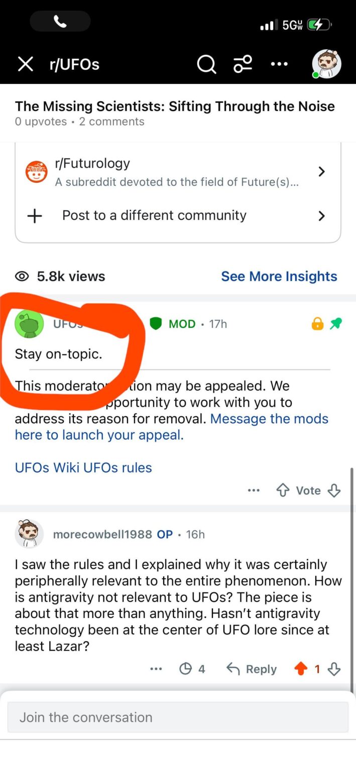 Why is antigravity research suppression off topic for the r/UFOs community but not this one?