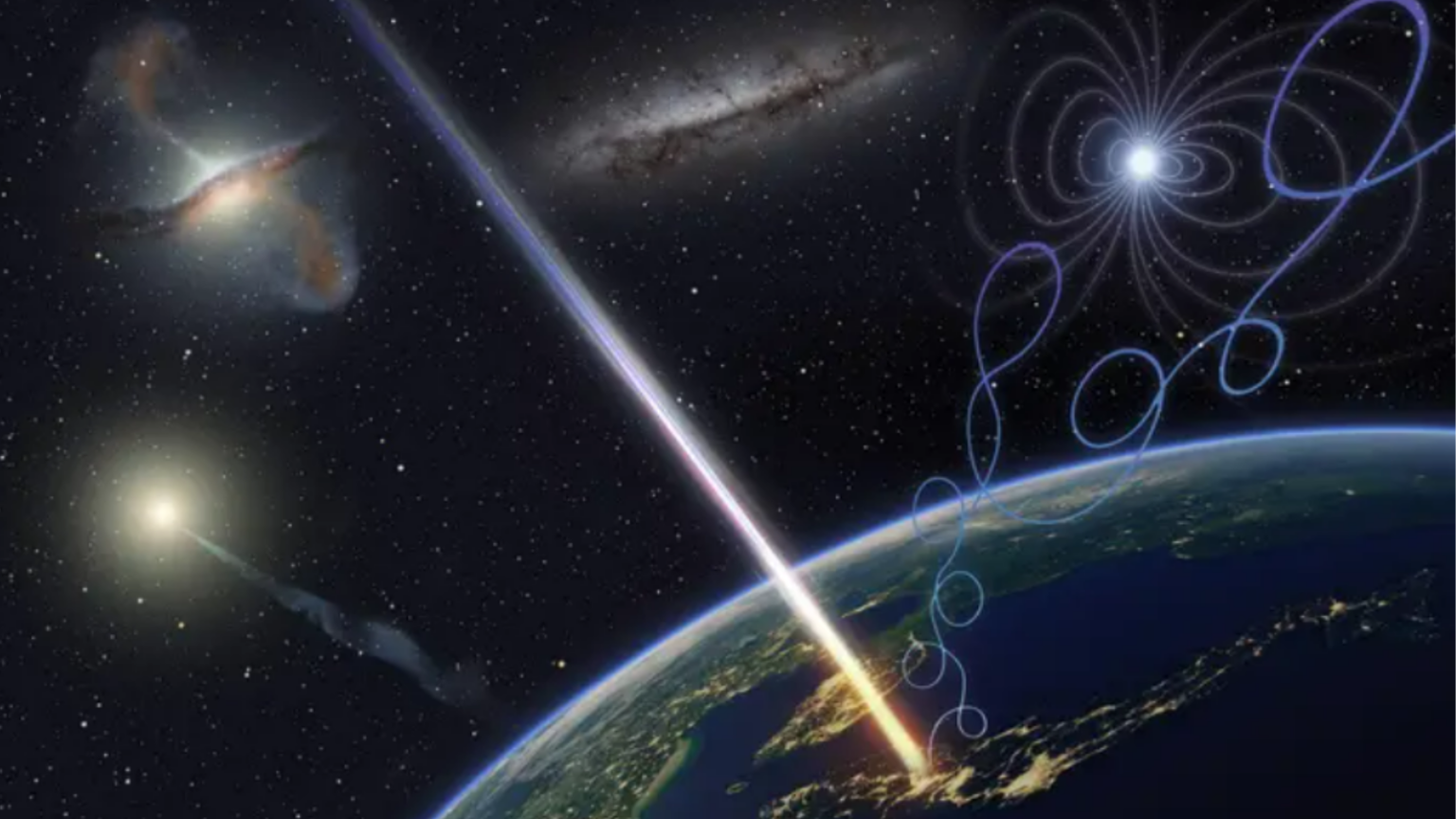 What flings mysteriously powerful particles called ‘cosmic rays’ at Earth? An illustration of Earth with a yellow and blue beam shooting into it.