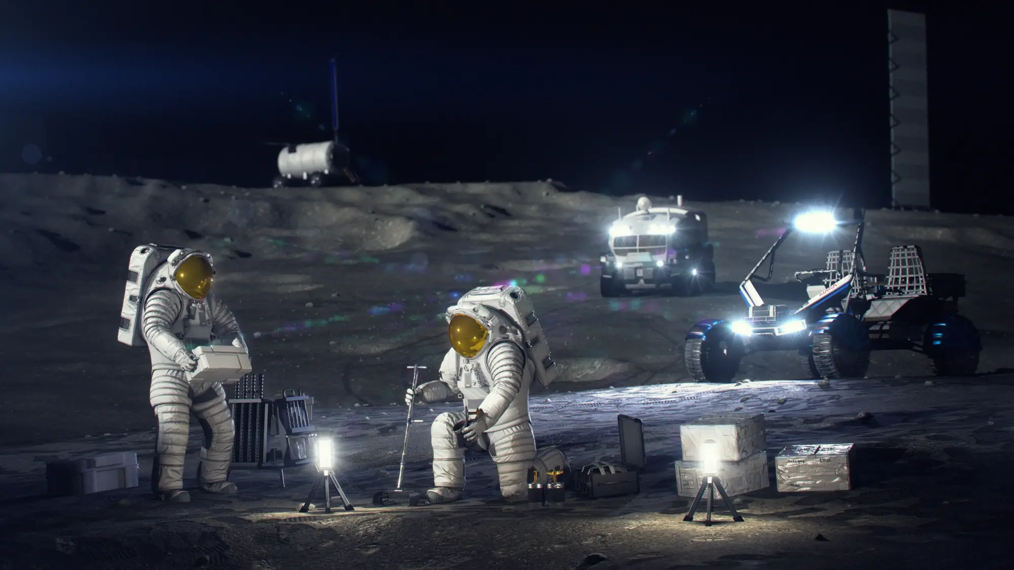 Astronauts working on the lunar surface
