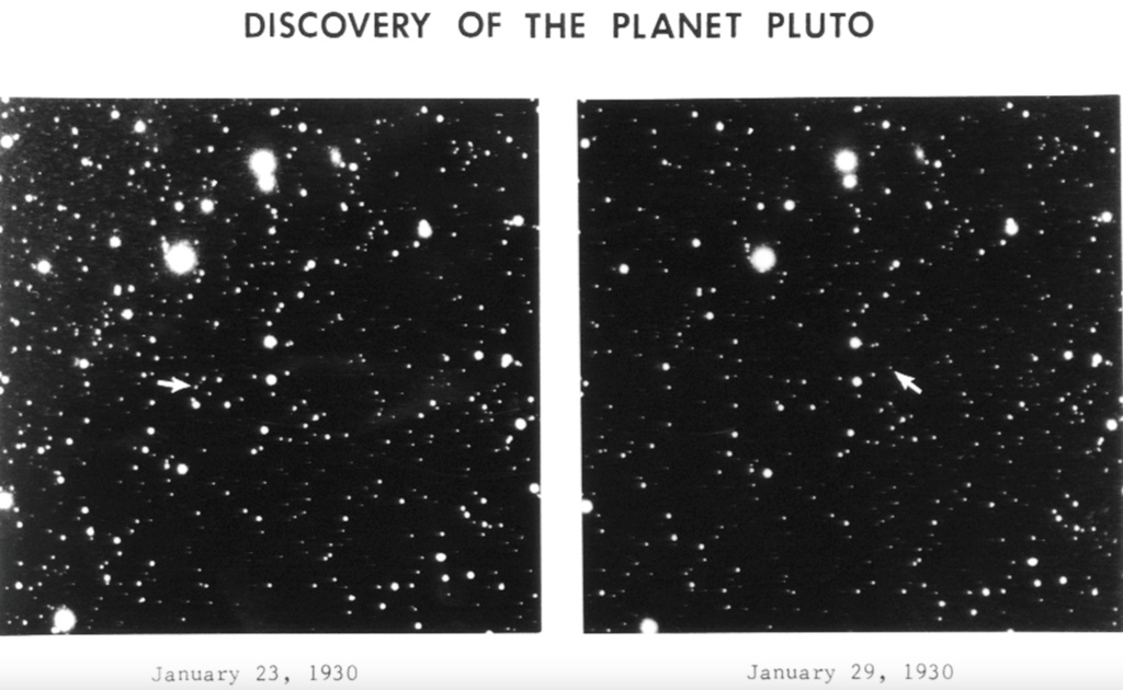 Side-by-side black and white star field images from January 23 and 29, 1930, showing Pluto's movement marked by arrows, illustrating its discovery.