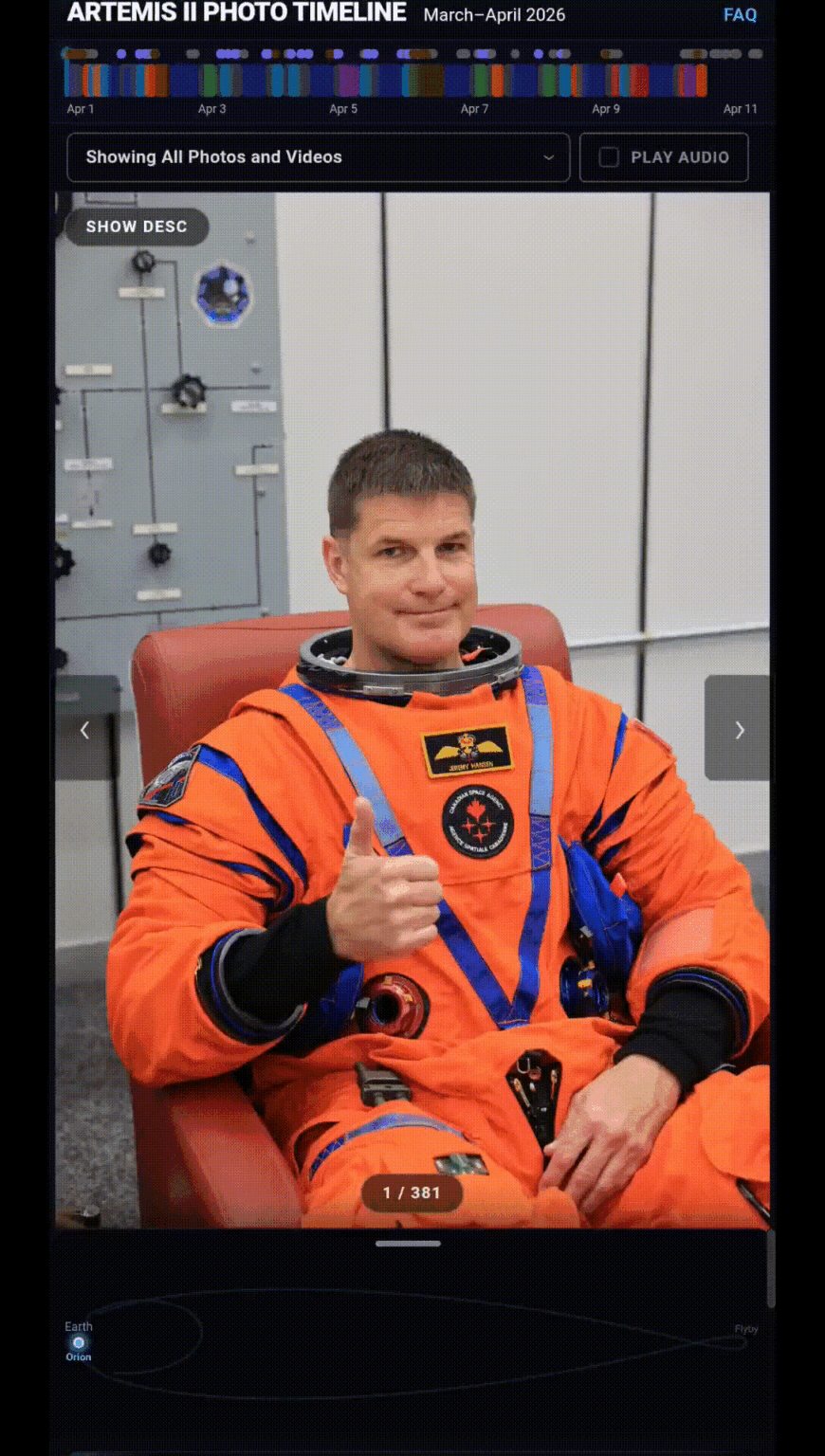 Artemis II Timeline: This is an interactive page that includes the Artemis II mission photos, on the official timeline, w/ metadata & location of the craft at the time. Made by Hank Green