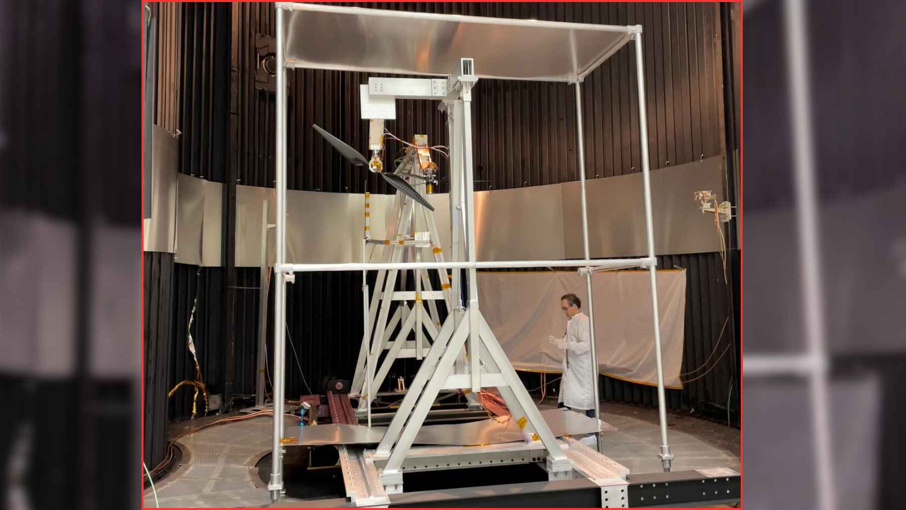 Next-generation Mars helicopter rotor test setup inside NASA JPL’s 25-Foot Space Simulator chamber.