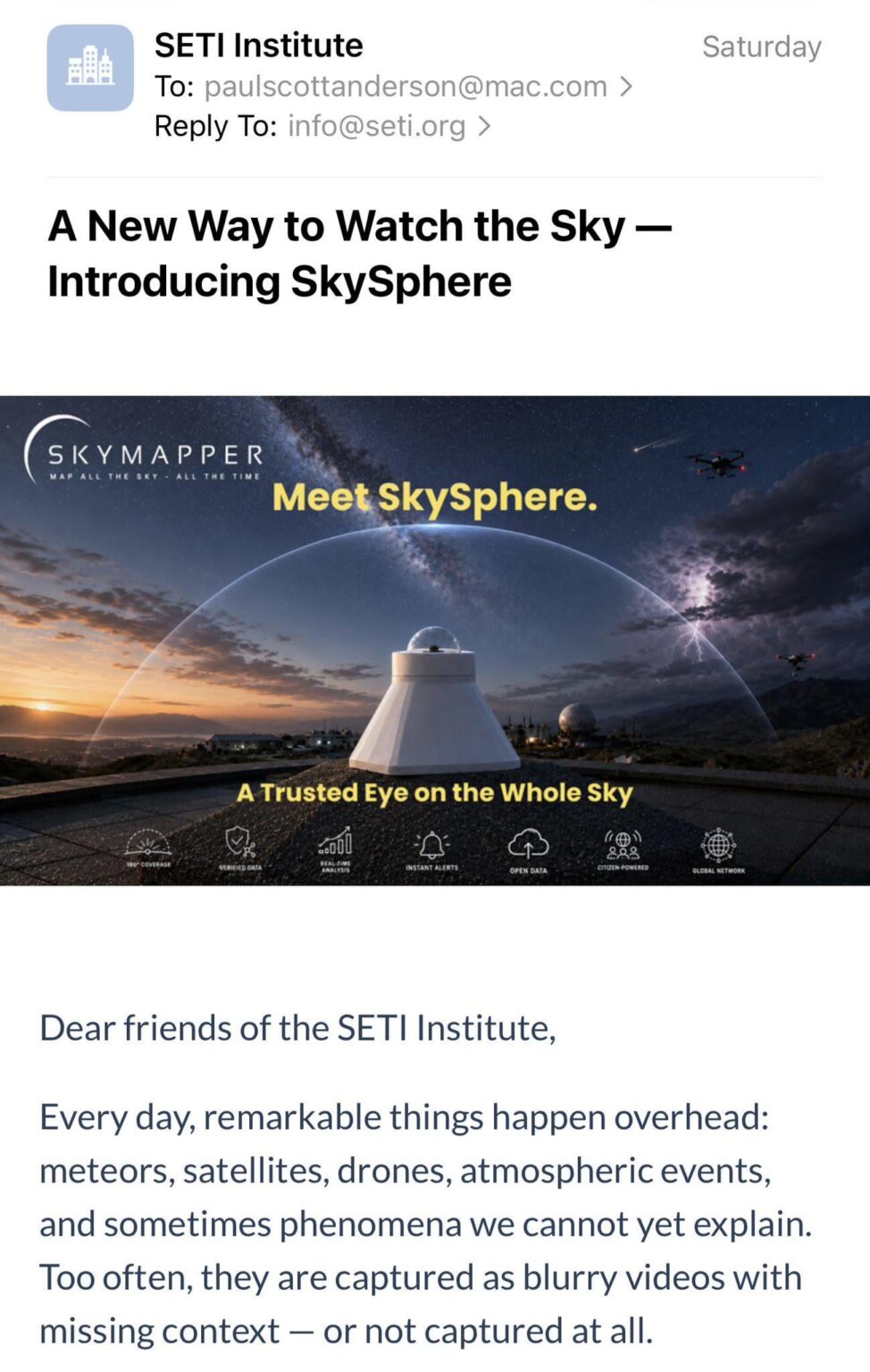 Is SETI quietly acknowledging UAP with new SkySphere observatory?