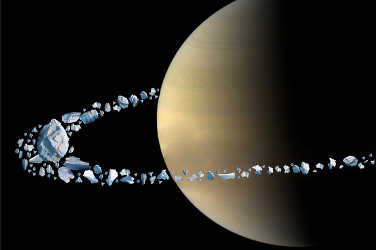 Saturn’s Icy Rings Likely Formed from Lost Moon “Chrysalis” Artist's illustration of how Saturn's rings might have formed from an ancient moon being ripped apart when it orbited too close. (Credit: B. Militzer and NASA)